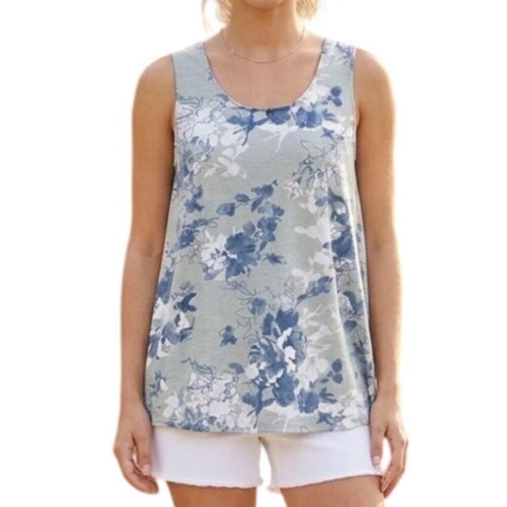 June + Vie Floral Tank Womens Medium Gray Blue Cotton Casual Swing Top